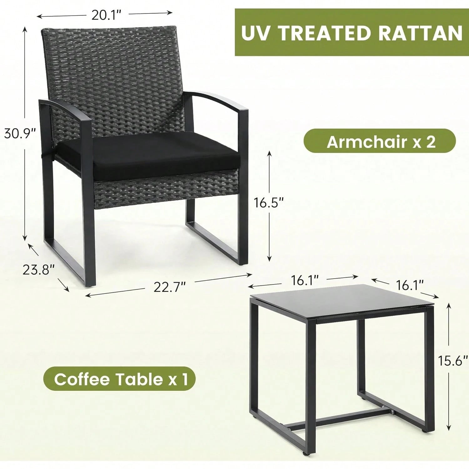 3-Piece Wicker Bistro Set, Rattan Patio Conversation Set With Coffee Table, For Backyard Garden Poolside, Black Frame & Black Cushion