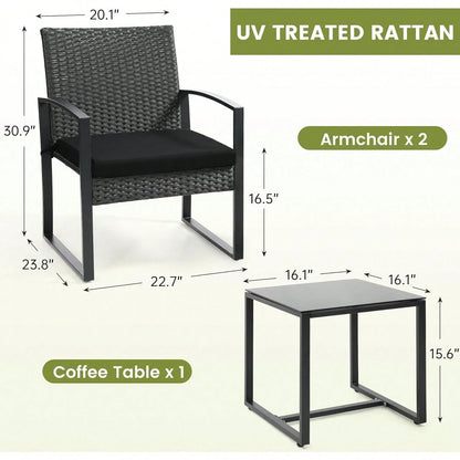 3-Piece Wicker Bistro Set, Rattan Patio Conversation Set With Coffee Table, For Backyard Garden Poolside, Black Frame & Black Cushion