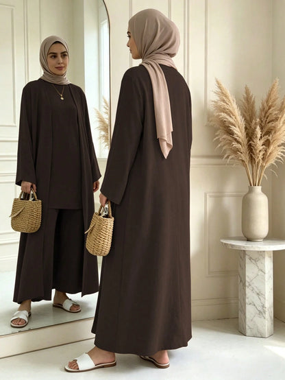3 Pieces Modest Clothing Set Including Long Abaya, Sleeveless Short Tank Top And Matching Trousers