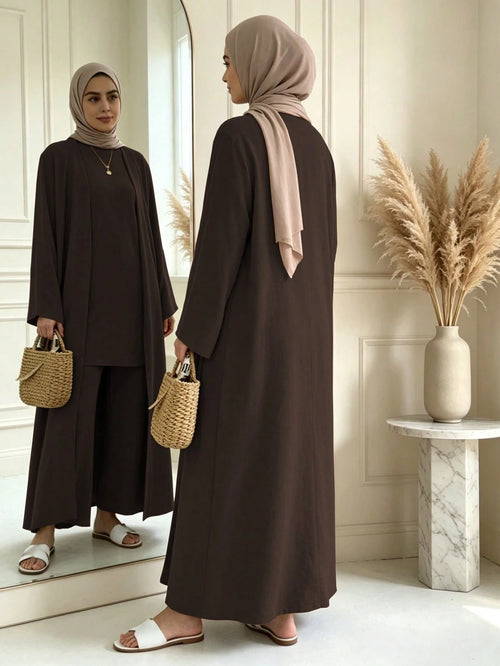 3 Pieces Modest Clothing Set Including Long Abaya, Sleeveless Short Tank Top And Matching Trousers