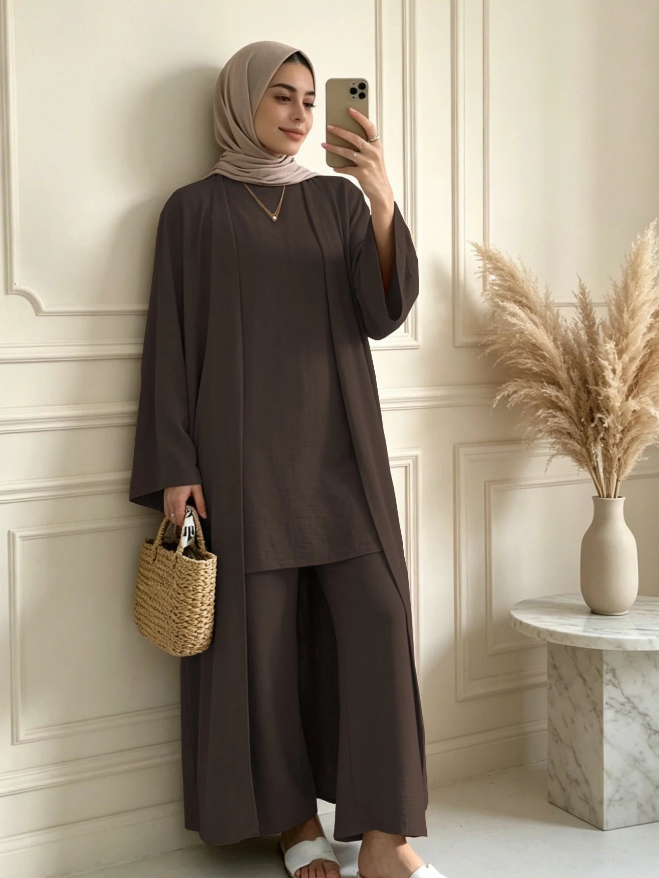 3 Pieces Modest Clothing Set Including Long Abaya, Sleeveless Short Tank Top And Matching Trousers