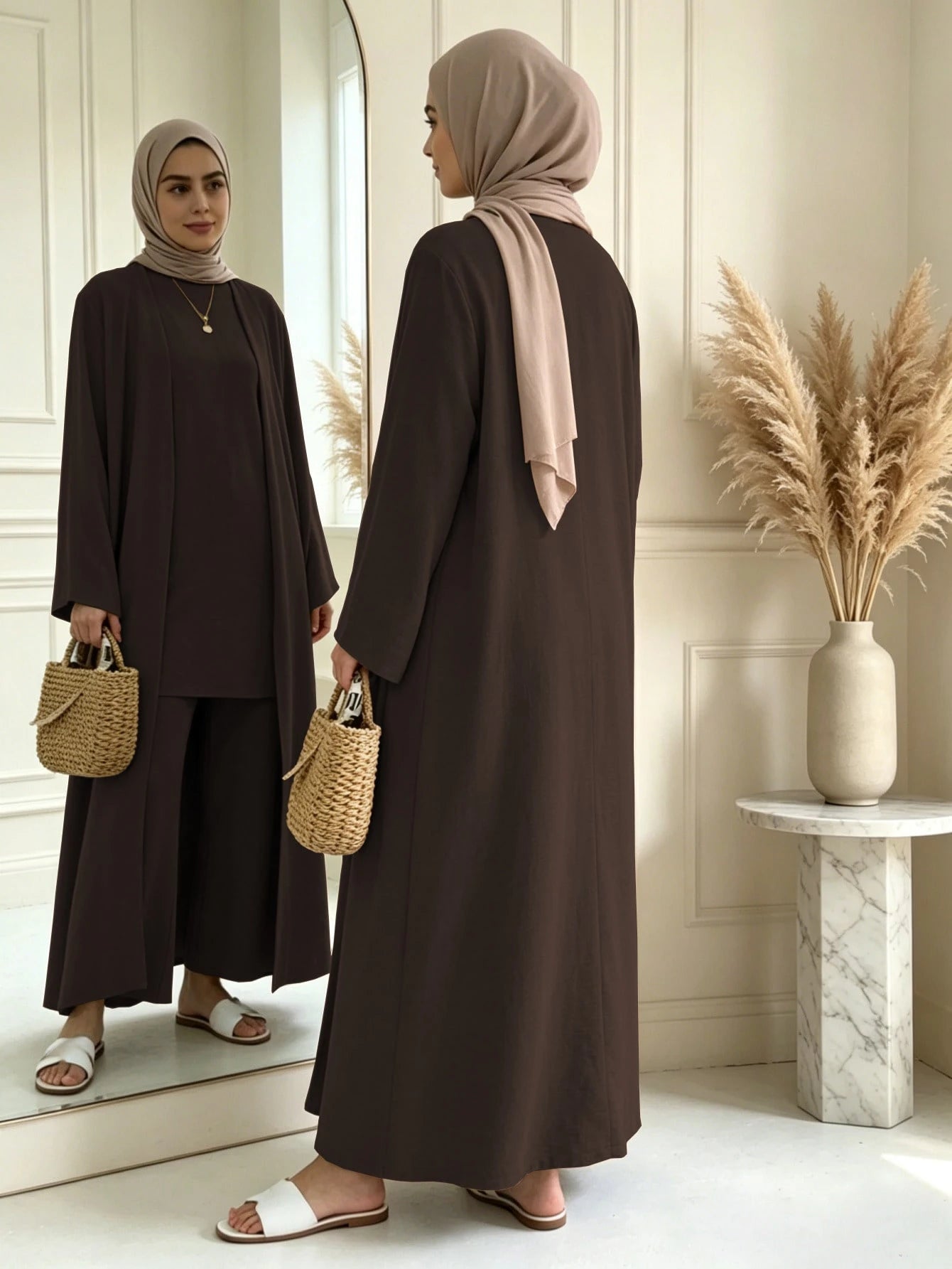 3 Pieces Modest Clothing Set Including Long Abaya, Sleeveless Short Tank Top And Matching Trousers