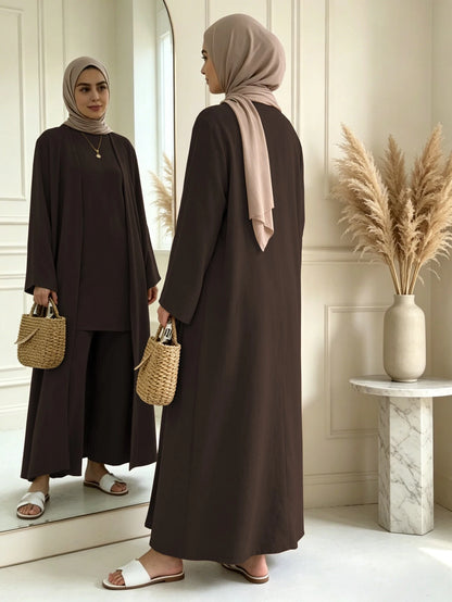 3 Pieces Modest Clothing Set Including Long Abaya, Sleeveless Short Tank Top And Matching Trousers