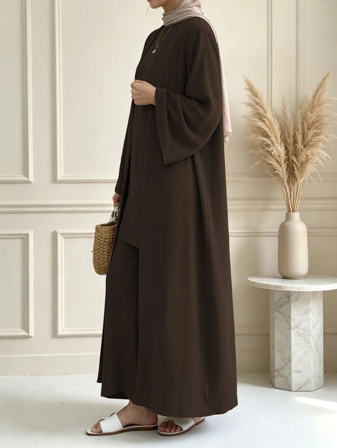 3 Pieces Modest Clothing Set Including Long Abaya, Sleeveless Short Tank Top And Matching Trousers