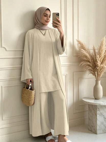 3 Pieces Modest Clothing Set Including Long Abaya, Sleeveless Short Tank Top And Matching Trousers
