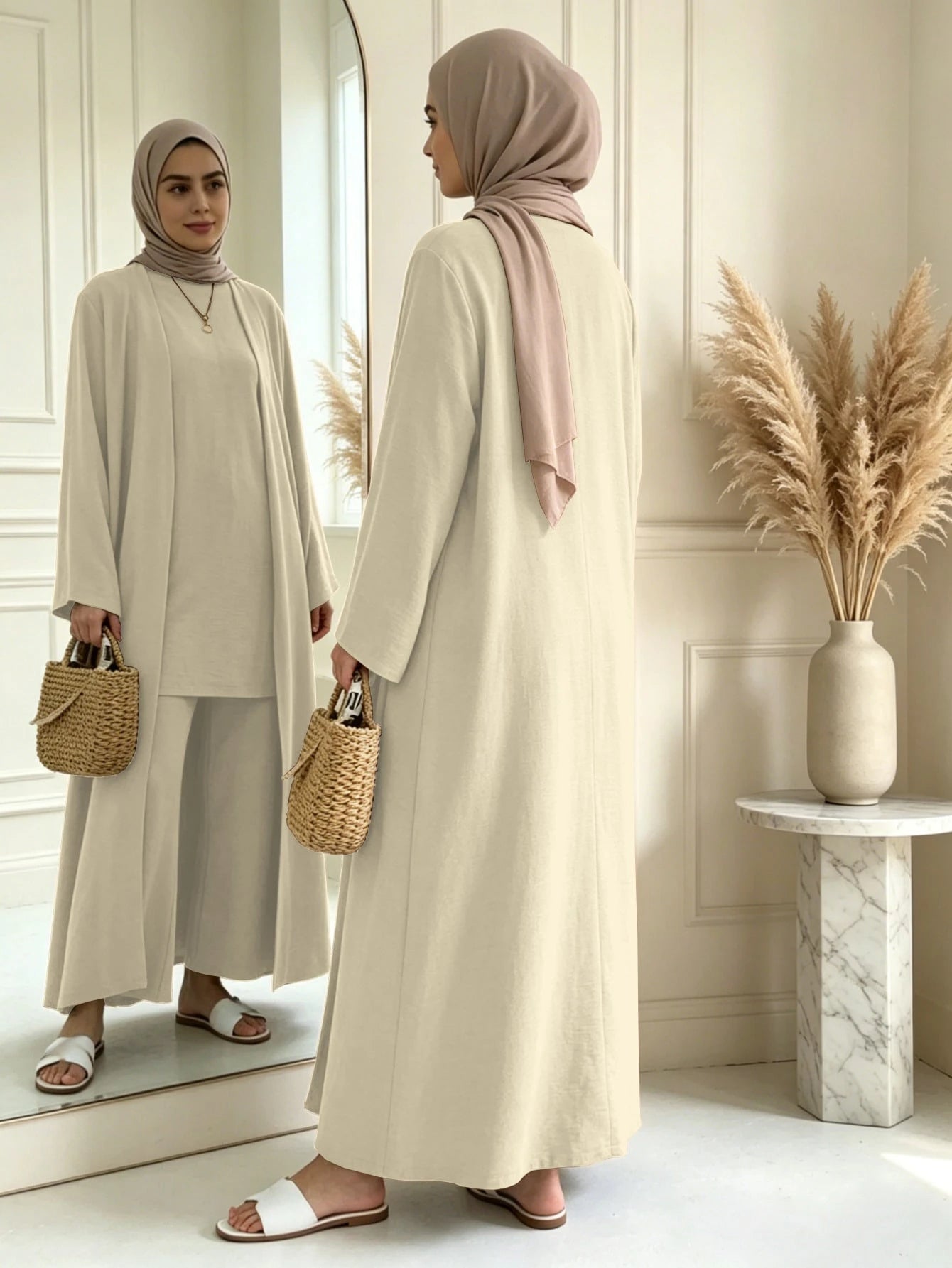3 Pieces Modest Clothing Set Including Long Abaya, Sleeveless Short Tank Top And Matching Trousers