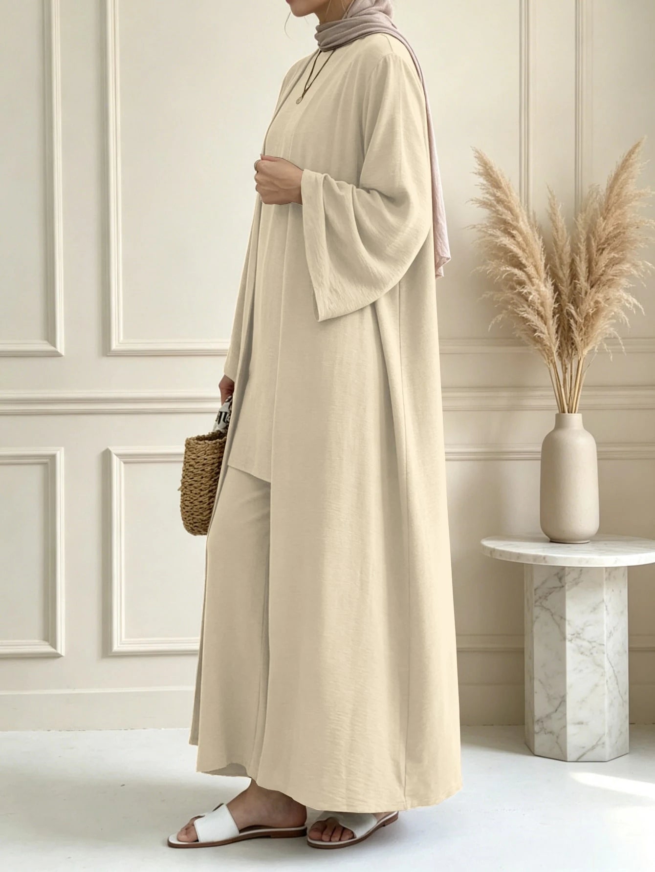 3 Pieces Modest Clothing Set Including Long Abaya, Sleeveless Short Tank Top And Matching Trousers