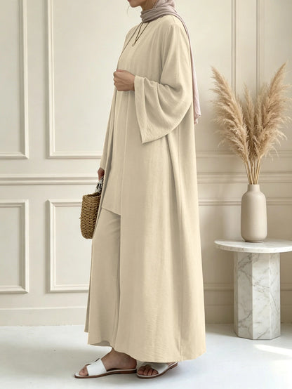 3 Pieces Modest Clothing Set Including Long Abaya, Sleeveless Short Tank Top And Matching Trousers