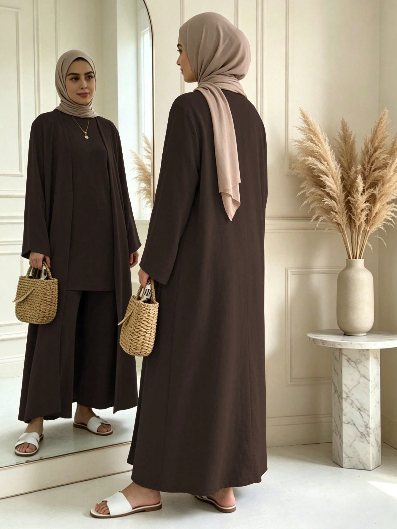3 Pieces Modest Clothing Set Including Long Abaya, Sleeveless Short Tank Top And Matching Trousers