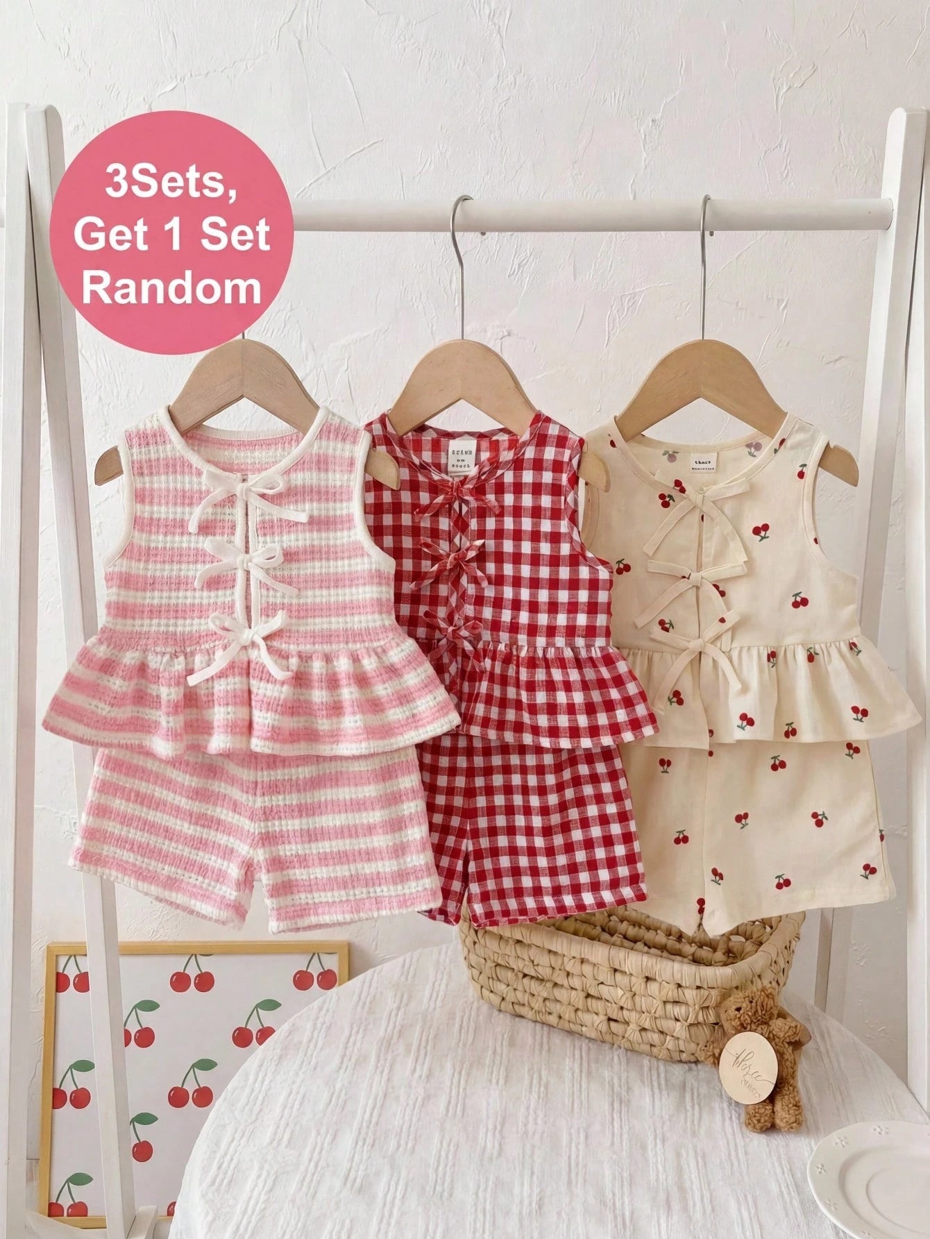 3 Sets, Get 1 Set Random. Baby Girl Knitted Striped Round Neck Vest And Shorts Set