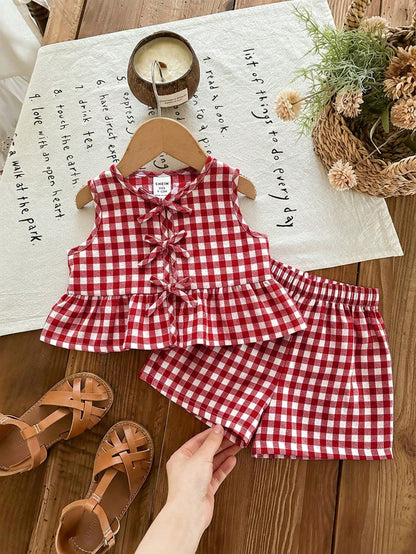 3 Sets, Get 1 Set Random. Baby Girl Knitted Striped Round Neck Vest And Shorts Set