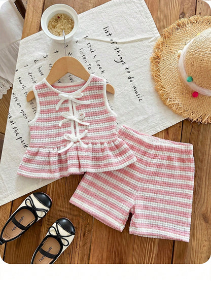 3 Sets, Get 1 Set Random. Baby Girl Knitted Striped Round Neck Vest And Shorts Set