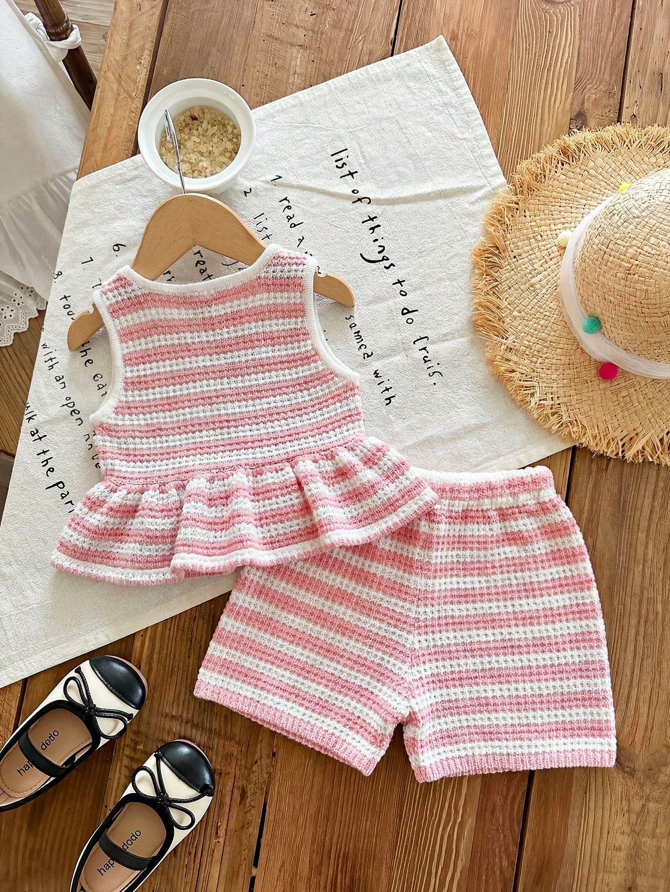 3 Sets, Get 1 Set Random. Baby Girl Knitted Striped Round Neck Vest And Shorts Set
