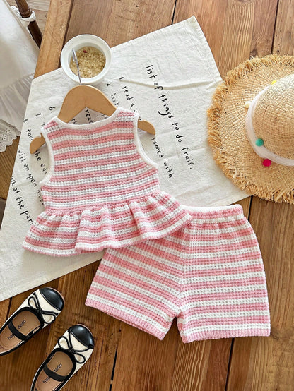 3 Sets, Get 1 Set Random. Baby Girl Knitted Striped Round Neck Vest And Shorts Set