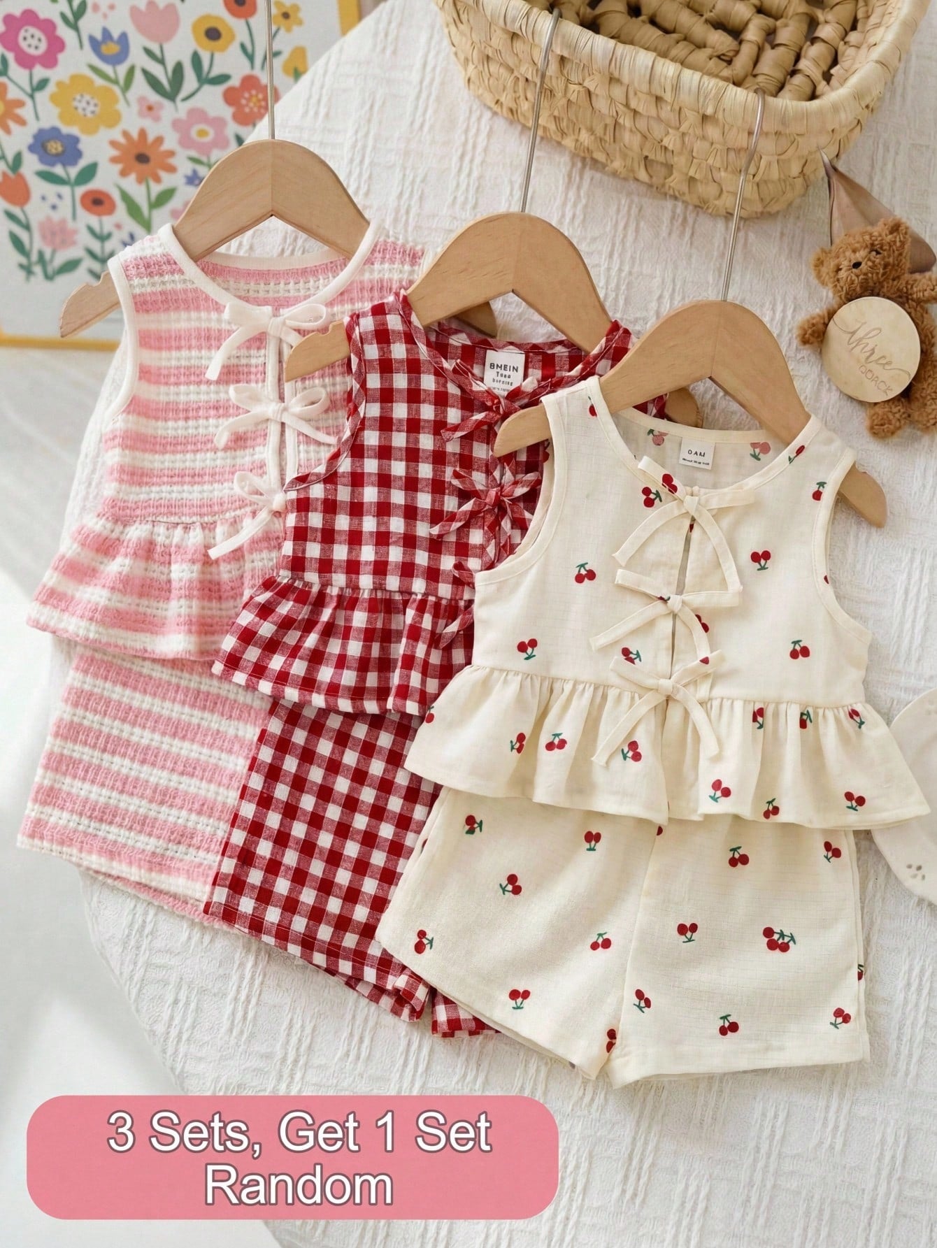 3 Sets, Get 1 Set Random. Baby Girl Knitted Striped Round Neck Vest And Shorts Set