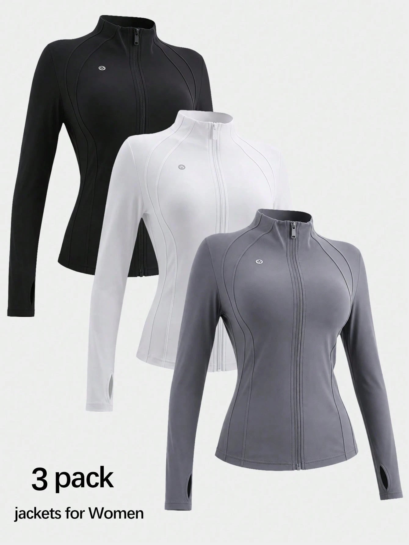 3 Women's Sports Jackets With Thumb Holes, Small Stand Up Collar, Streamlined Zipper Long Sleeved Jacket, Low Impact Yoga Daily Wear