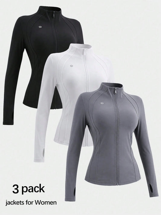 3 Women's Sports Jackets With Thumb Holes, Small Stand Up Collar, Streamlined Zipper Long Sleeved Jacket, Low Impact Yoga Daily Wear