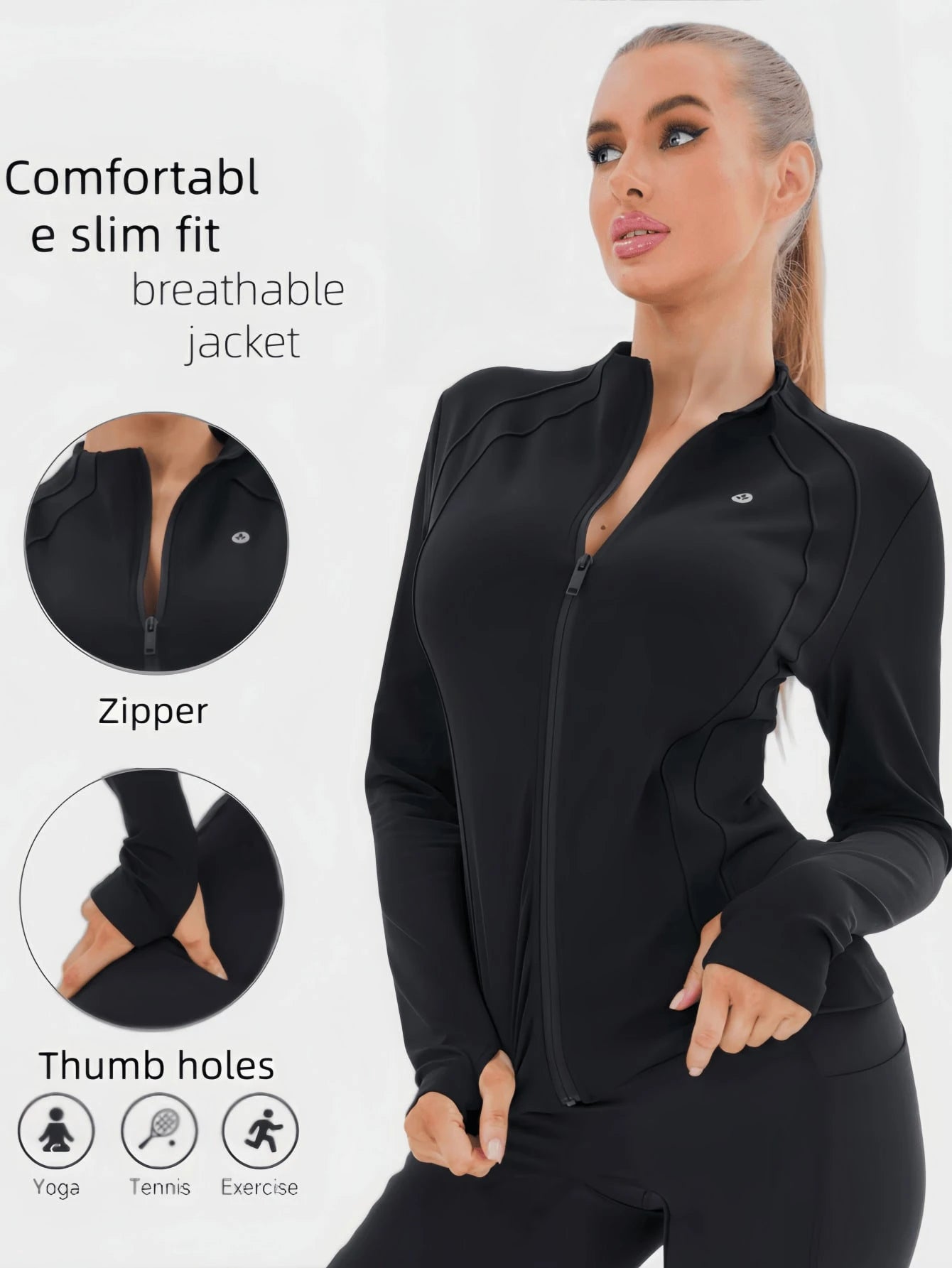 3 Women's Sports Jackets With Thumb Holes, Small Stand Up Collar, Streamlined Zipper Long Sleeved Jacket, Low Impact Yoga Daily Wear