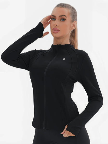 3 Women's Sports Jackets With Thumb Holes, Small Stand Up Collar, Streamlined Zipper Long Sleeved Jacket, Low Impact Yoga Daily Wear
