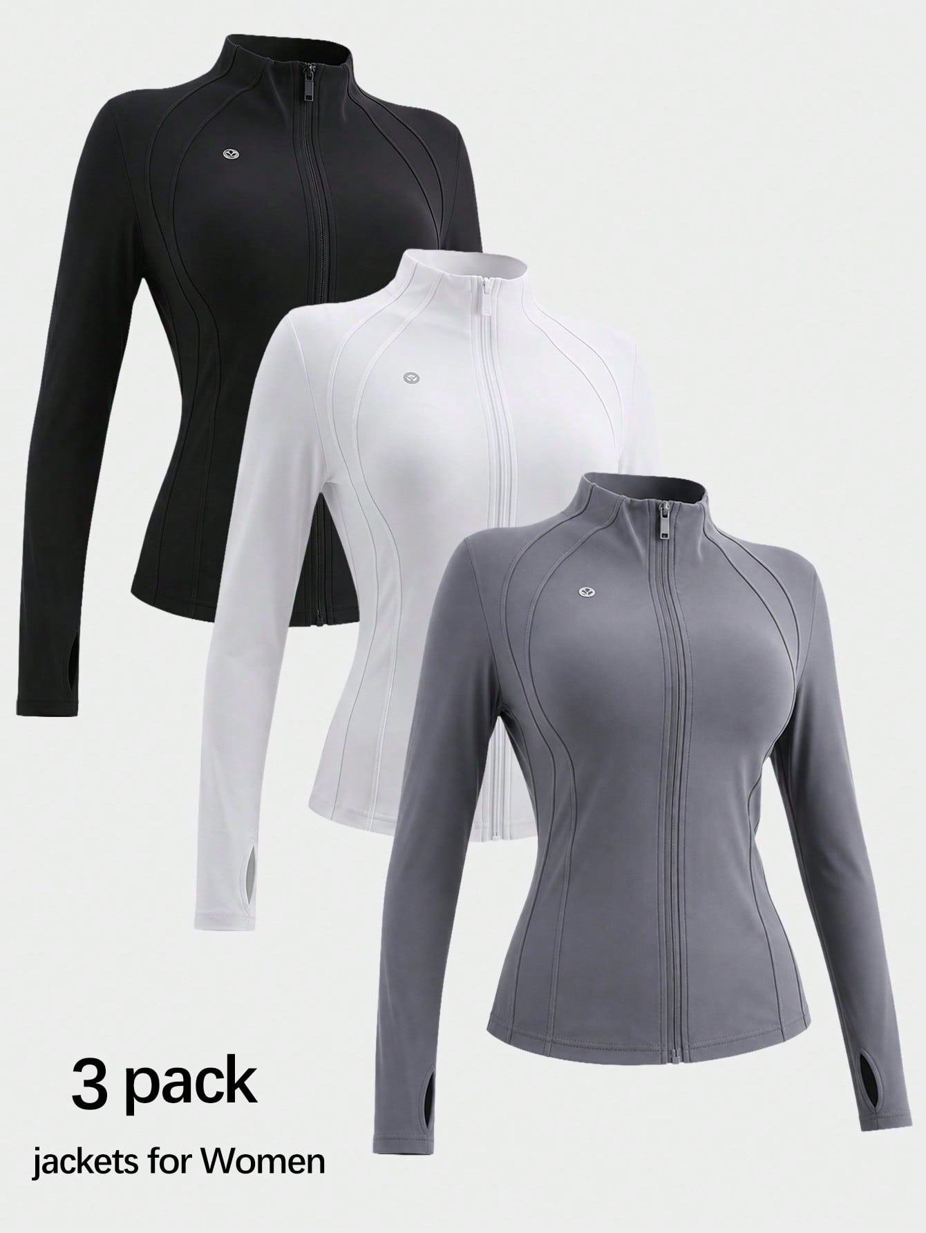 3 Women's Sports Jackets With Thumb Holes, Small Stand Up Collar, Streamlined Zipper Long Sleeved Jacket, Low Impact Yoga Daily Wear