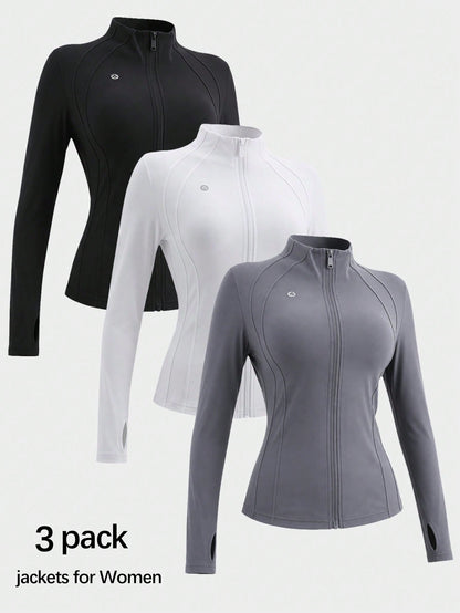 3 Women's Sports Jackets With Thumb Holes, Small Stand Up Collar, Streamlined Zipper Long Sleeved Jacket, Low Impact Yoga Daily Wear