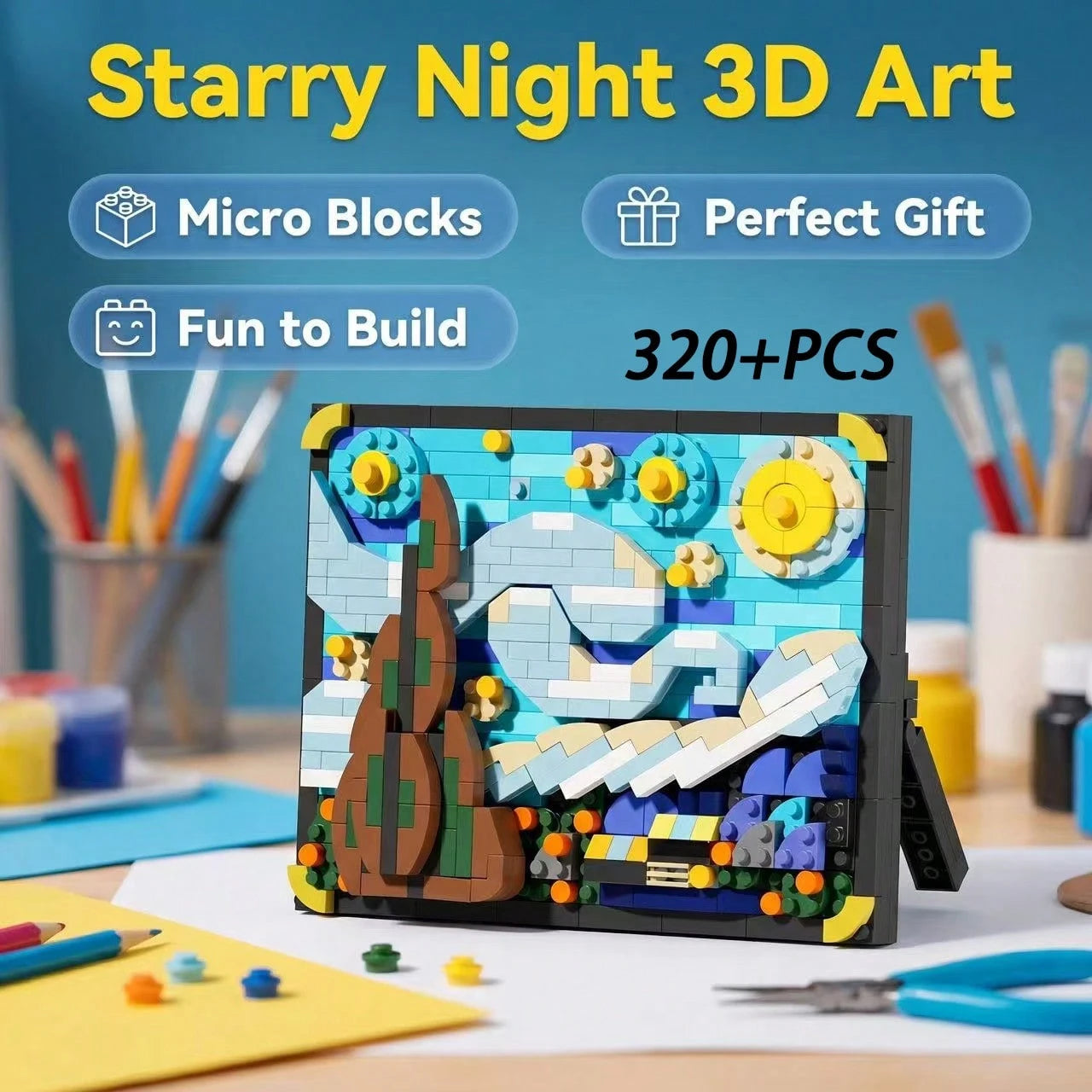 310+Pcs Mini Micro Particle Building Blocks Van Gogh Starry Night Painting Model DIY Assembly 3D Canvas Art Puzzle Desktop Decor Ornament Creative Art Gift For Adults