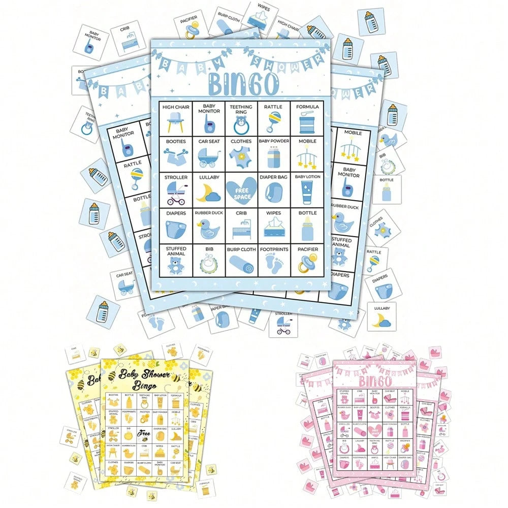37pcs/Set Baby Christening Bingo Game Cards, Baby Shower Bath Game Cards, Gender Reveal Party Game Supplies Decorations, 24 Players Bingo Game