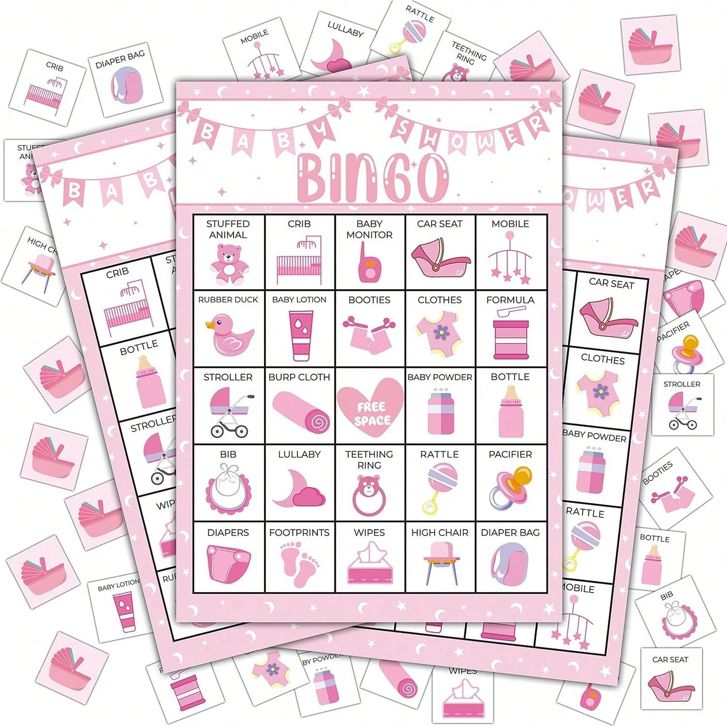 37pcs/Set Baby Christening Bingo Game Cards, Baby Shower Bath Game Cards, Gender Reveal Party Game Supplies Decorations, 24 Players Bingo Game