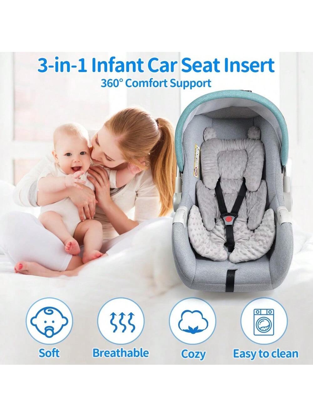 3in1 Baby CarSeat Head Support For Infant, Reversible Soft Infant Car Seat Insert Newborn Boy Girl, Breathable Head Body Support Pillow Cushion
