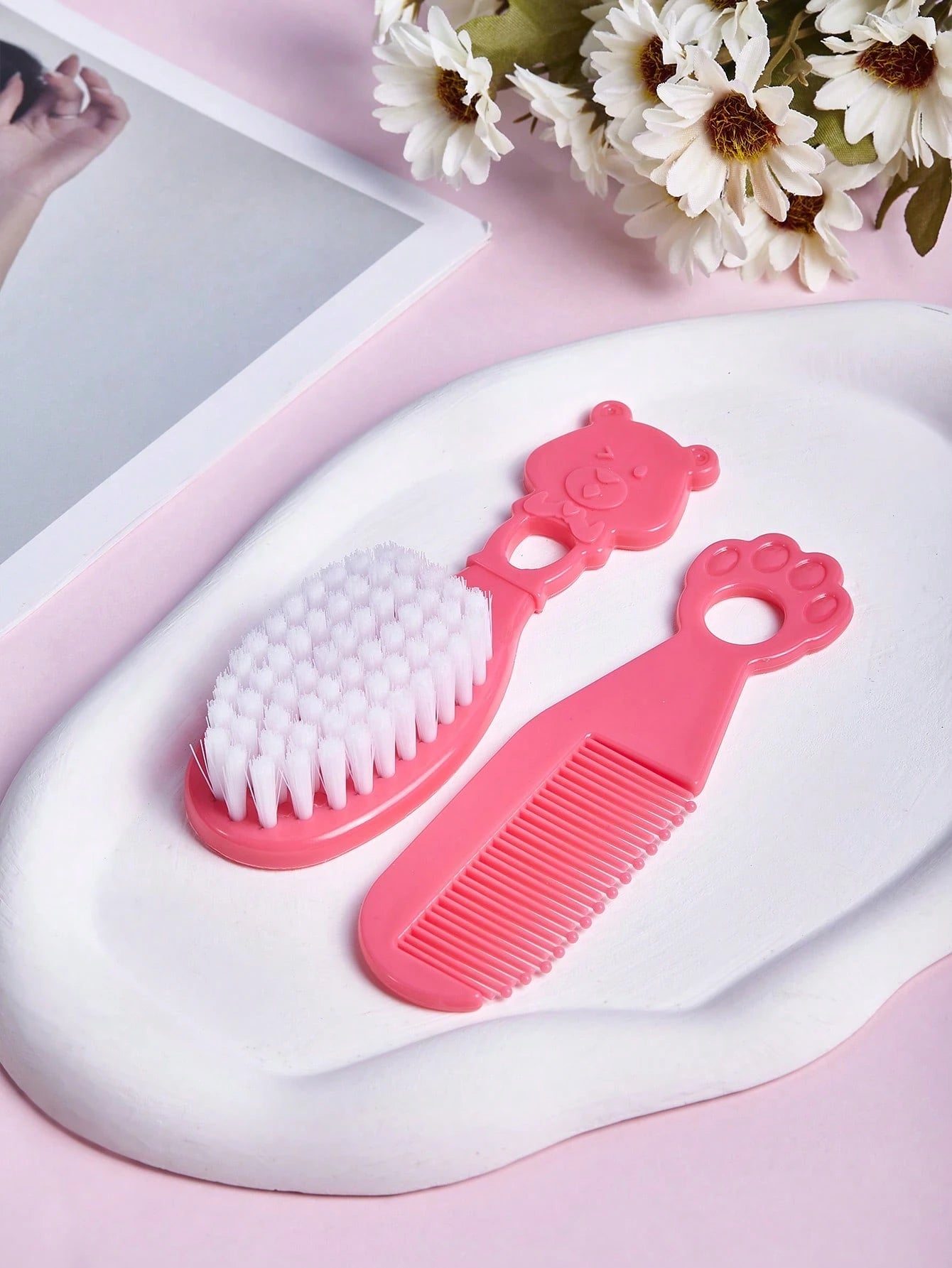 3pcs Baby Bear Shaped Comb Set, Includes Hair Brush, Bath Brush, Newborn Cradle Cap Brush, Cartoon Bear Grooming Kit