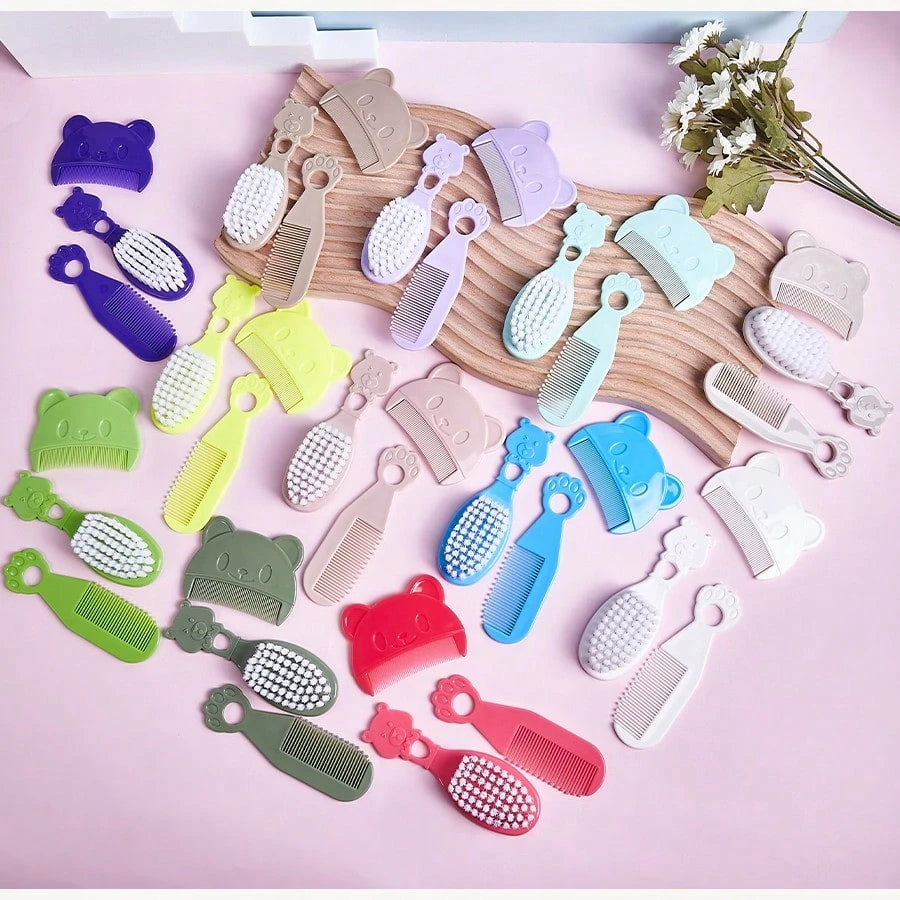 3pcs Baby Bear Shaped Comb Set, Includes Hair Brush, Bath Brush, Newborn Cradle Cap Brush, Cartoon Bear Grooming Kit