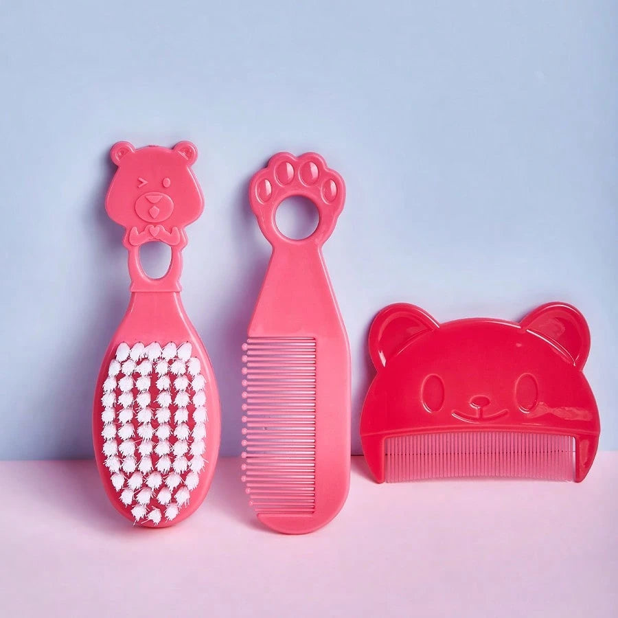 3pcs Baby Bear Shaped Comb Set, Includes Hair Brush, Bath Brush, Newborn Cradle Cap Brush, Cartoon Bear Grooming Kit