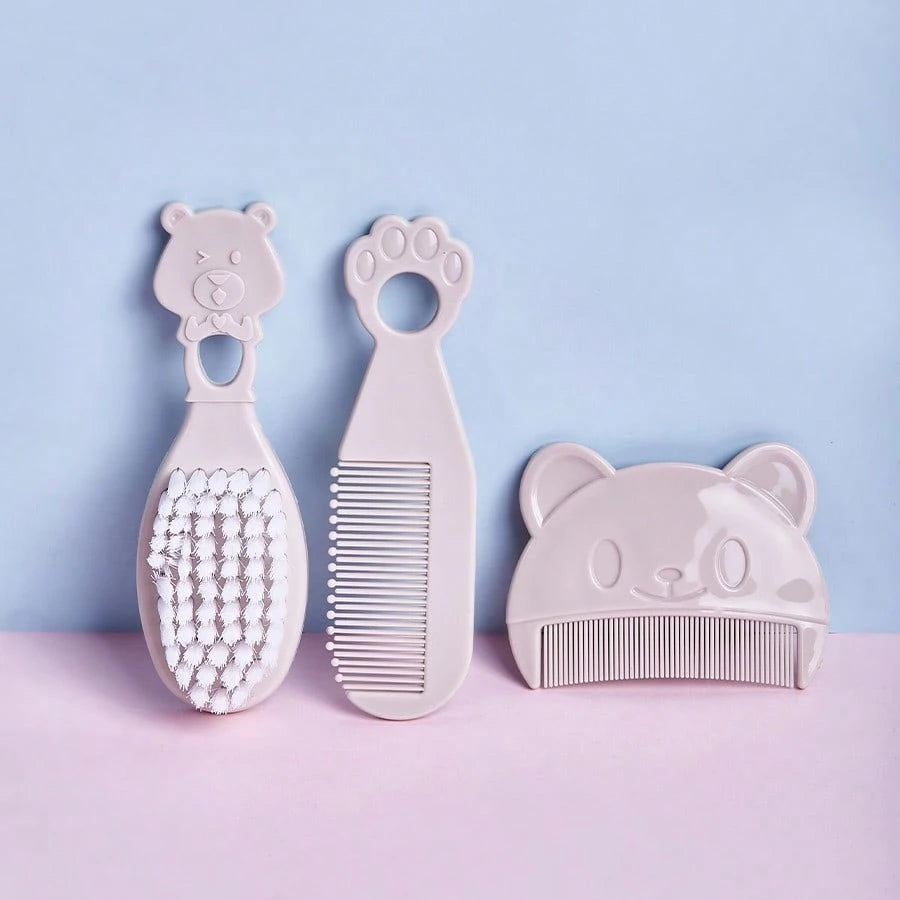 3pcs Baby Bear Shaped Comb Set, Includes Hair Brush, Bath Brush, Newborn Cradle Cap Brush, Cartoon Bear Grooming Kit