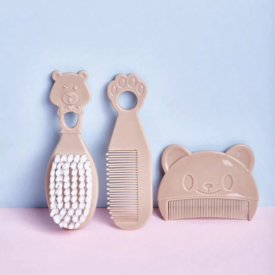 3pcs Baby Bear Shaped Comb Set, Includes Hair Brush, Bath Brush, Newborn Cradle Cap Brush, Cartoon Bear Grooming Kit