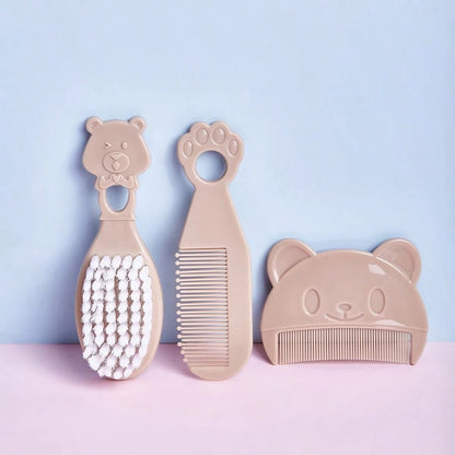 3pcs Baby Bear Shaped Comb Set, Includes Hair Brush, Bath Brush, Newborn Cradle Cap Brush, Cartoon Bear Grooming Kit