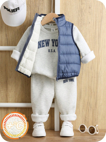 3pcs Baby Boy Autumn/Winter Ski Suit Cute Versatile Casual Thermal Lined Vest Jacket Knit Letter Pattern Sweatshirt Tracksuit Joggers Long Pants Set Unisex Baby Clothes Baby Winter Clothes