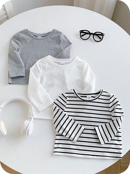 3pcs Baby Boy Black And White Striped,Autumn,Casual,Page Boy Long Sleeve Pullover Top Set,Solid Color All-Match Soft Comfortable Spring Autumn Chic