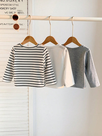 3pcs Baby Boy Black And White Striped,Autumn,Casual,Page Boy Long Sleeve Pullover Top Set,Solid Color All-Match Soft Comfortable Spring Autumn Chic