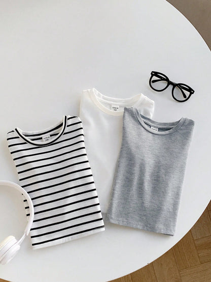 3pcs Baby Boy Black And White Striped,Autumn,Casual,Page Boy Long Sleeve Pullover Top Set,Solid Color All-Match Soft Comfortable Spring Autumn Chic
