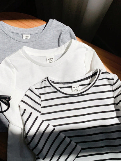 3pcs Baby Boy Black And White Striped,Autumn,Casual,Page Boy Long Sleeve Pullover Top Set,Solid Color All-Match Soft Comfortable Spring Autumn Chic