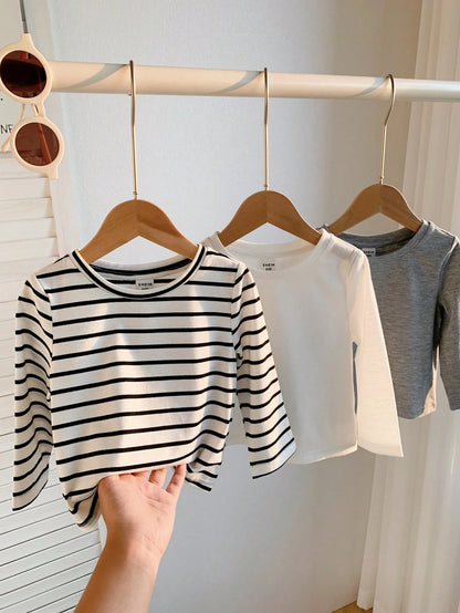 3pcs Baby Boy Black And White Striped,Autumn,Casual,Page Boy Long Sleeve Pullover Top Set,Solid Color All-Match Soft Comfortable Spring Autumn Chic