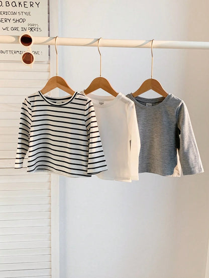 3pcs Baby Boy Black And White Striped,Autumn,Casual,Page Boy Long Sleeve Pullover Top Set,Solid Color All-Match Soft Comfortable Spring Autumn Chic