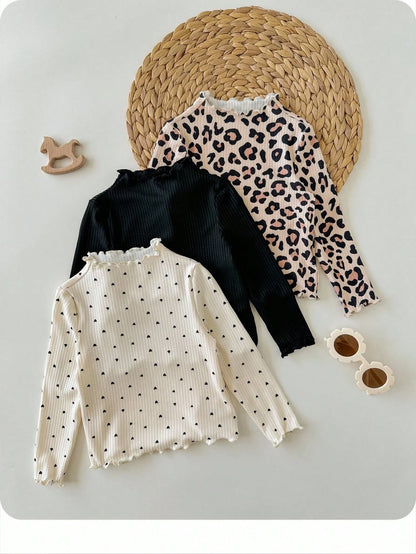 3pcs Baby Girls Casual All-Match Leopard Print & Polka Dot Pattern Knitted Long Sleeve Tops Fall Winter