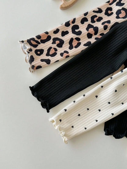 3pcs Baby Girls Casual All-Match Leopard Print & Polka Dot Pattern Knitted Long Sleeve Tops Fall Winter