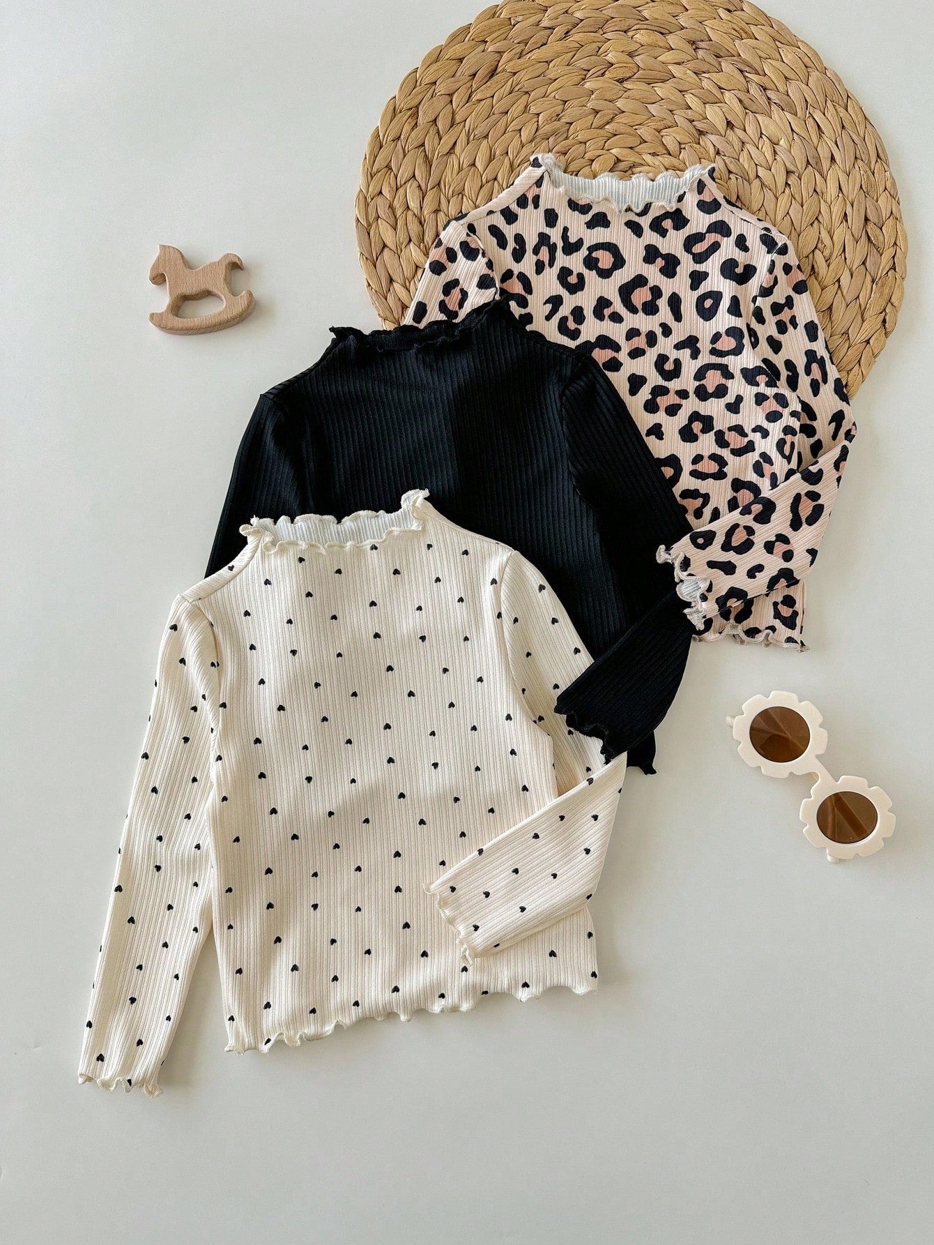 3pcs Baby Girls Casual All-Match Leopard Print & Polka Dot Pattern Knitted Long Sleeve Tops Fall Winter