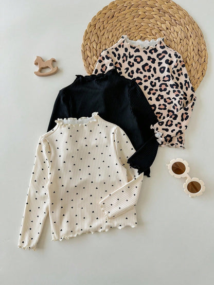 3pcs Baby Girls Casual All-Match Leopard Print & Polka Dot Pattern Knitted Long Sleeve Tops Fall Winter
