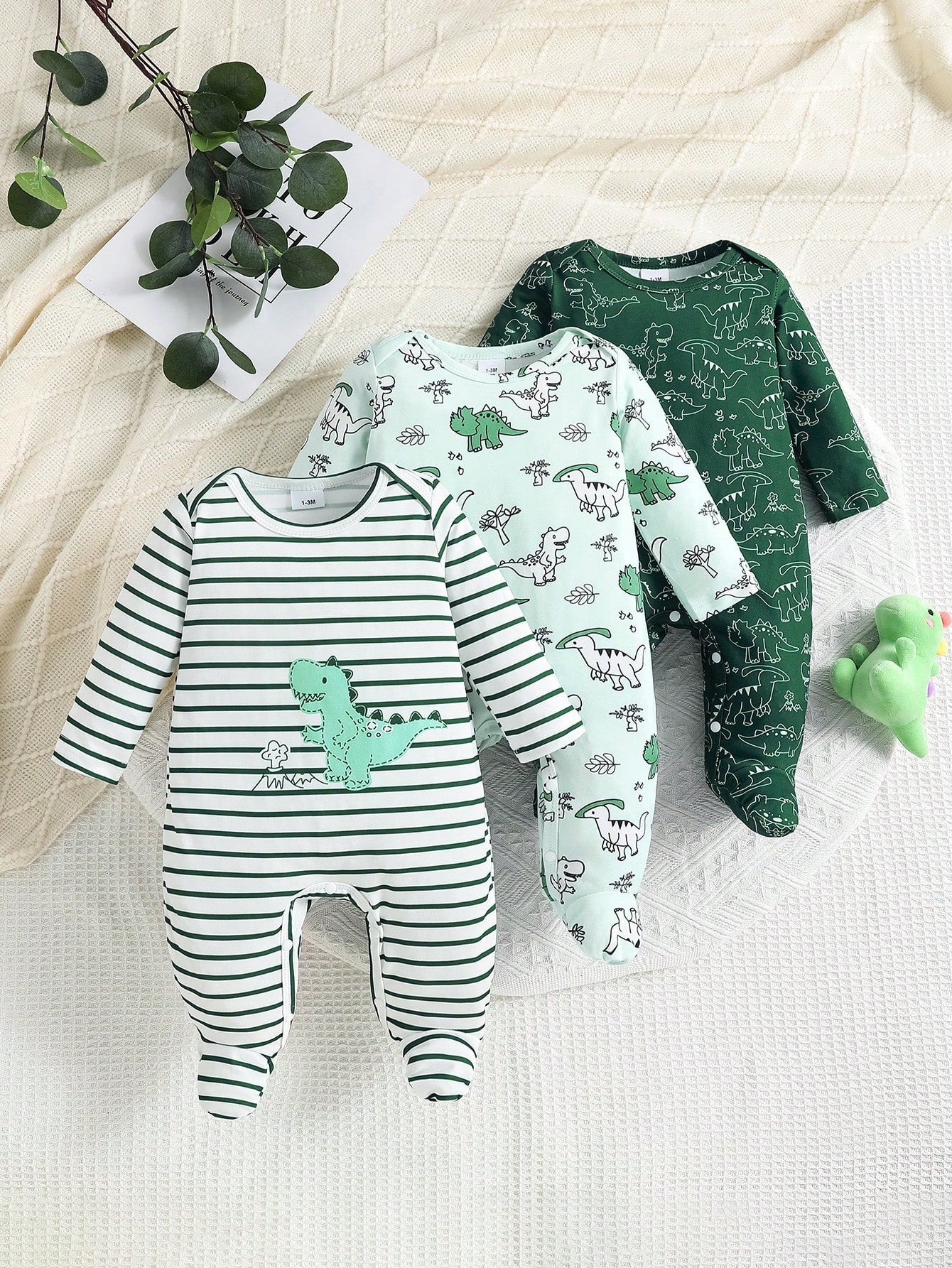 3pcs Cute Cartoon Dinosaur & Striped Print Long Sleeve Footed Romper, Suitable For Baby Boys/Girls, Newborn Infant Clothing, Baby Boy Clothes For Spring, Summer, Autumn