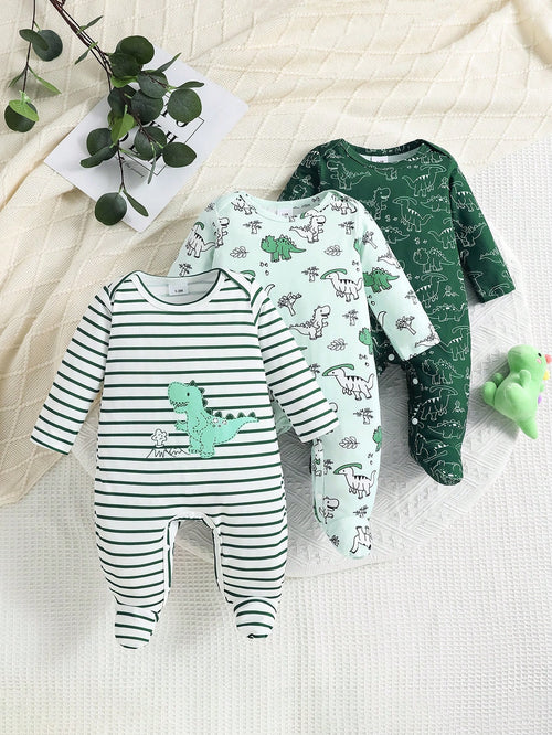 3pcs Cute Cartoon Dinosaur & Striped Print Long Sleeve Footed Romper, Suitable For Baby Boys/Girls, Newborn Infant Clothing, Baby Boy Clothes For Spring, Summer, Autumn