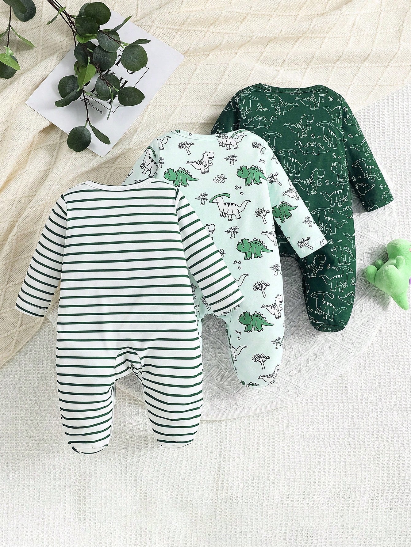 3pcs Cute Cartoon Dinosaur & Striped Print Long Sleeve Footed Romper, Suitable For Baby Boys/Girls, Newborn Infant Clothing, Baby Boy Clothes For Spring, Summer, Autumn