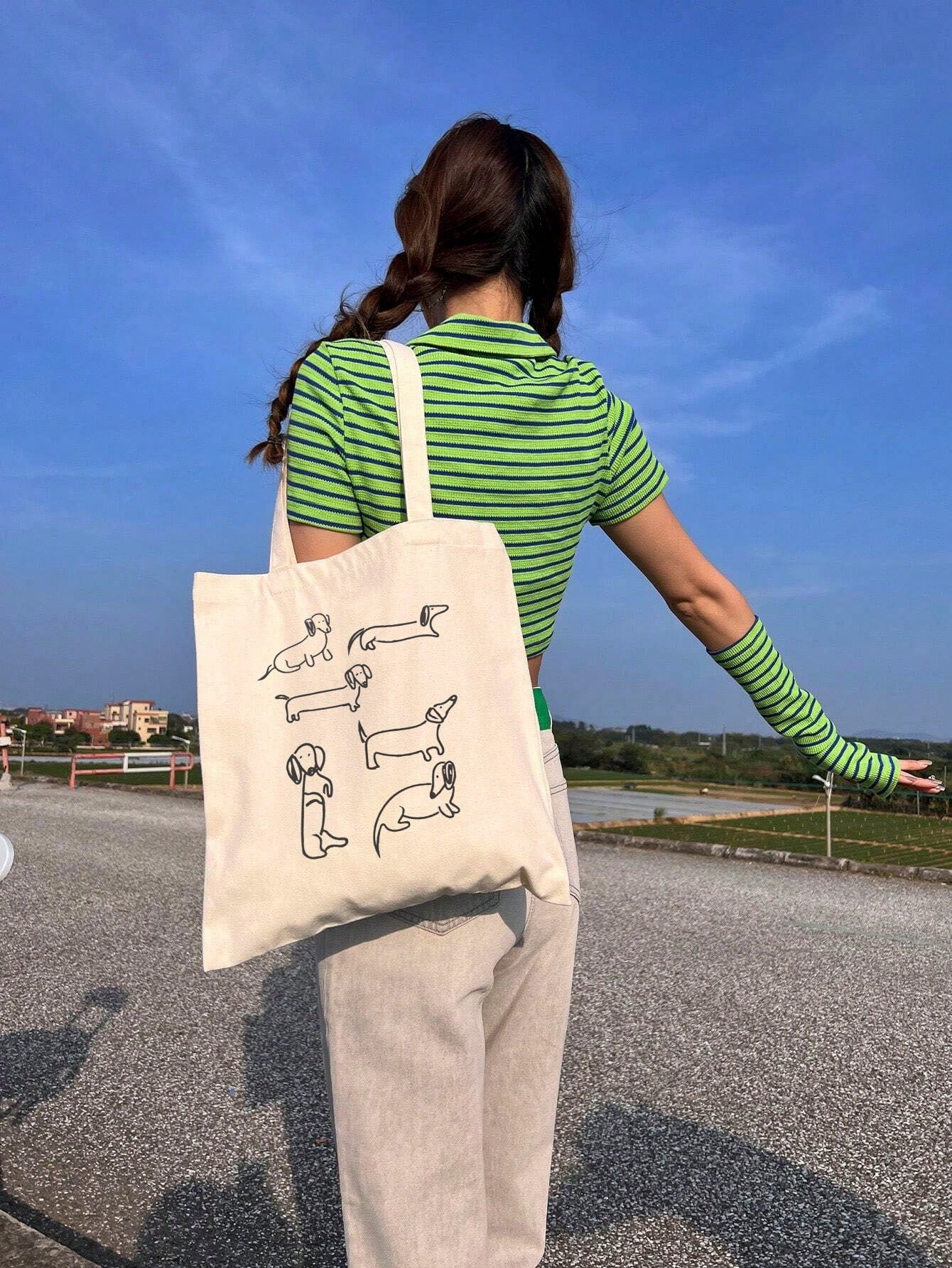 3pcs Cute Dachshund Print Tote Bag, Casual Large Capacity Shoulder Bag, Daily Shopping Bag, Multi-Function Storage Bag, Lightweight Travel Handbag, Elegant Gift, Travel Souvenir, Essential Travel Tote